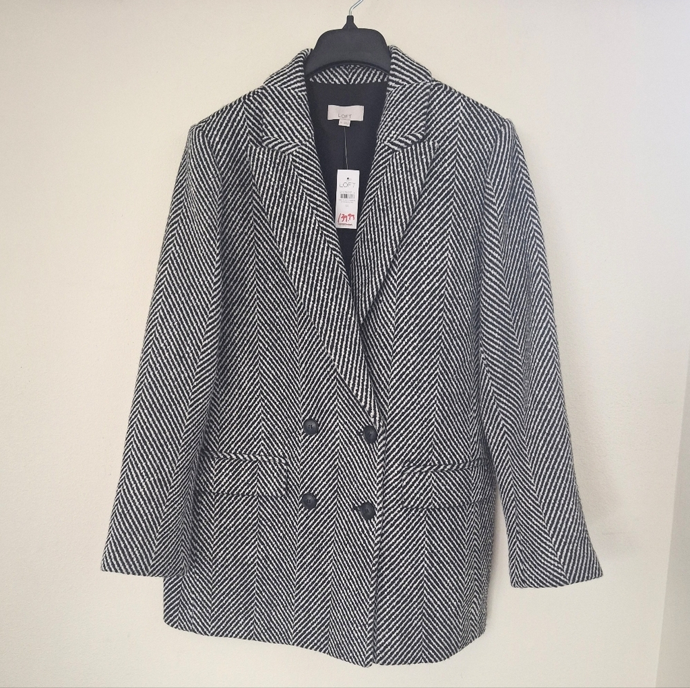 LOFT Herringbone Double Breasted Wool Blend Black White Blazer-Size 14 - NWT - Picture 3 of 12